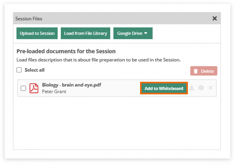 Virtual Classroom File Library: When your files appear in the Uploaded files box, click the Add to Whiteboard button in order to import them on the whiteboard