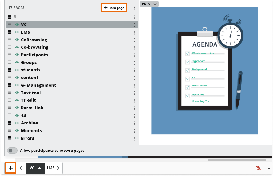 Virtual Classroom Online Whiteboard Pages: Adding a page can be done in two ways