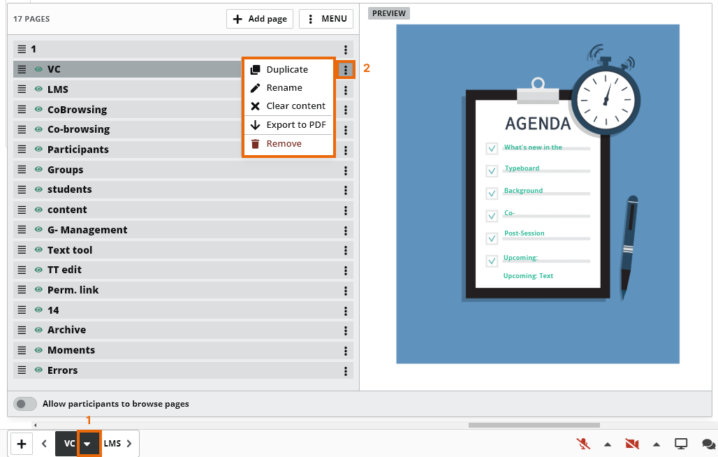 Virtual Classroom Online Whiteboard Pages: Edit page options