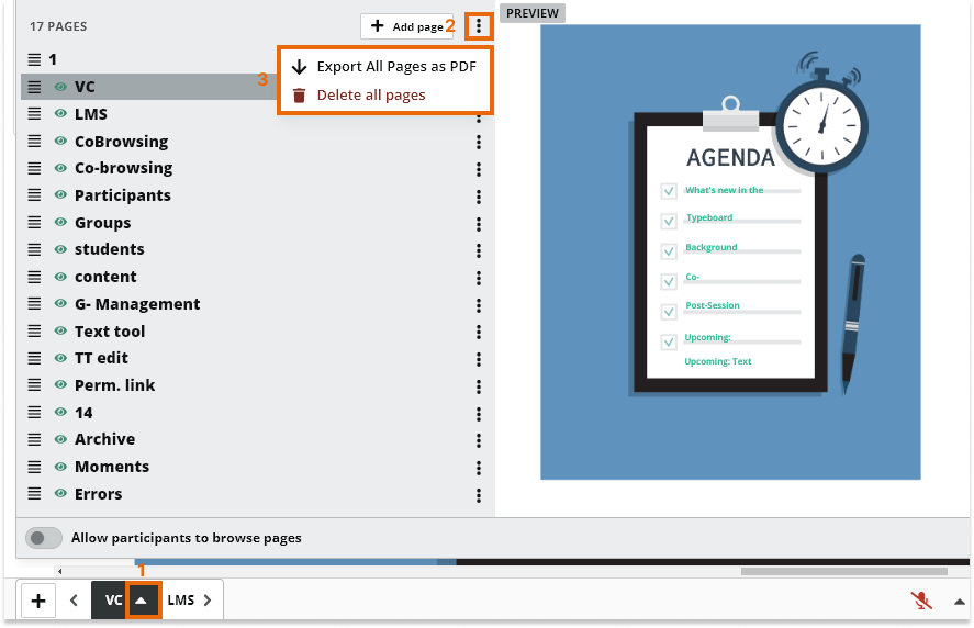 Virtual Classroom Online Whiteboard Pages: Delete all/export to PDF options