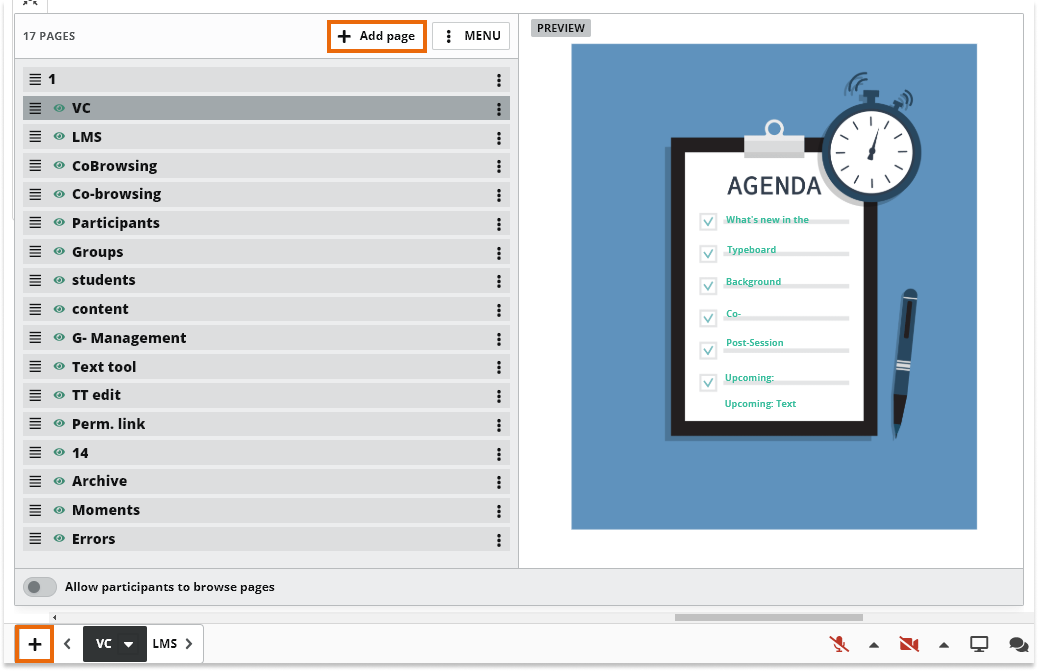 Virtual Classroom Online Whiteboard Pages: Adding a page can be done in two ways