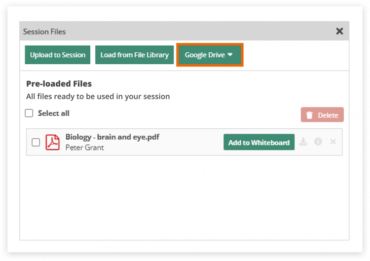 Virtual Classroom File Library: You can add files from your Google Drive