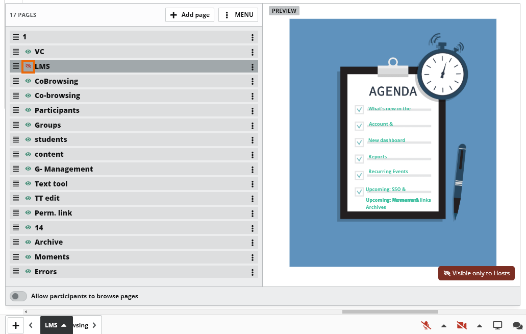 Virtual Classroom Online Whiteboard Pages: Press the "hide" button in order to hide page(s) from the participants pages panel