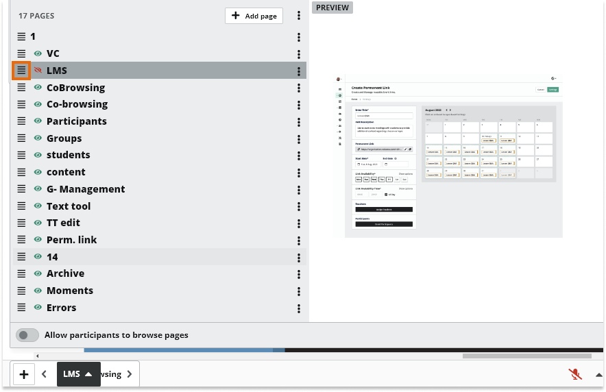 Virtual Classroom Online Whiteboard Pages: Press the "hide" button in order to hide page(s) from the participants pages panel