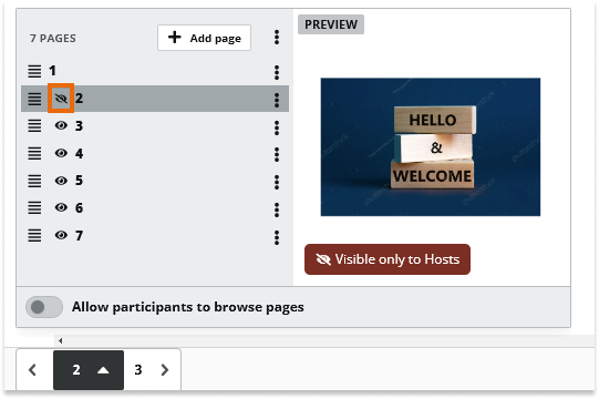 Virtual Classroom Online Whiteboard Pages: Press the "hide" button in order to hide page(s) from the participants pages panel