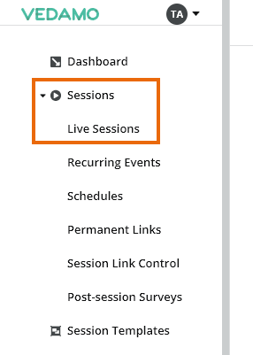 Virtual Sessions menu: Click on Sessions to see the Live Sessions tab