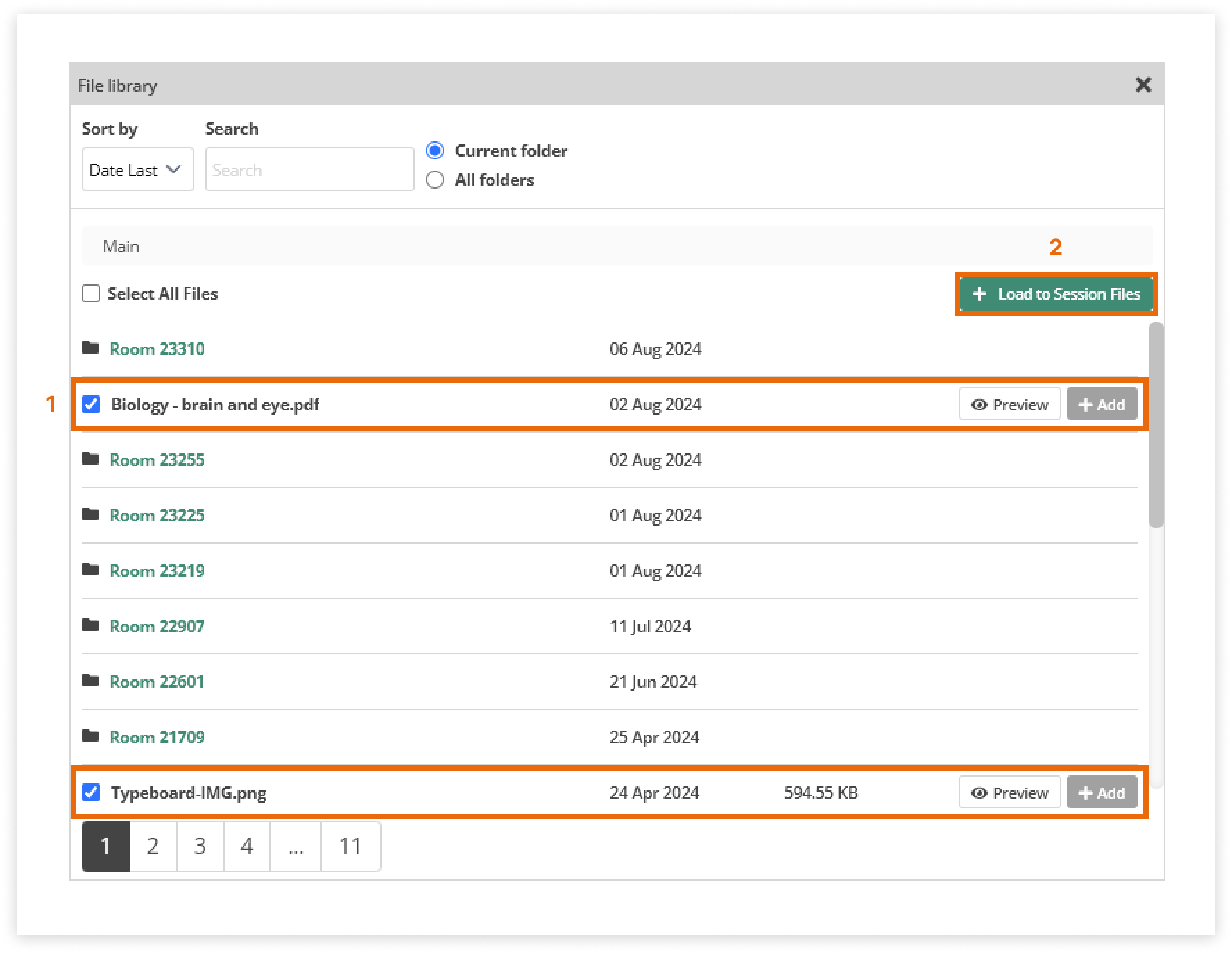 Virtual Classroom File Library: Selecting files from the File Library and adding them to the session files list