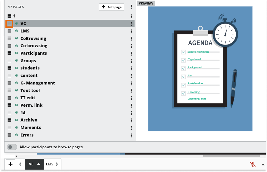 Virtual Classroom Online Whiteboard Pages: Via the handler icon you can move the page and rearrange the order of the pages