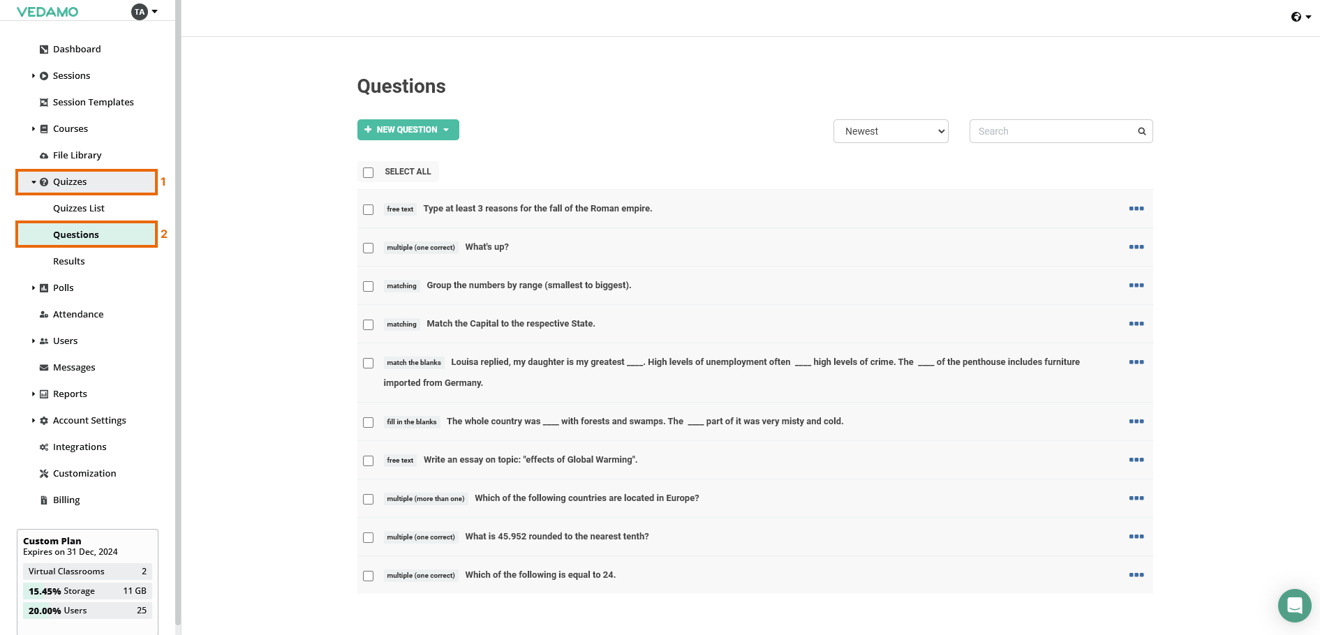 LMS Quizzes - Creation and Settings: Type of questions in quizzes