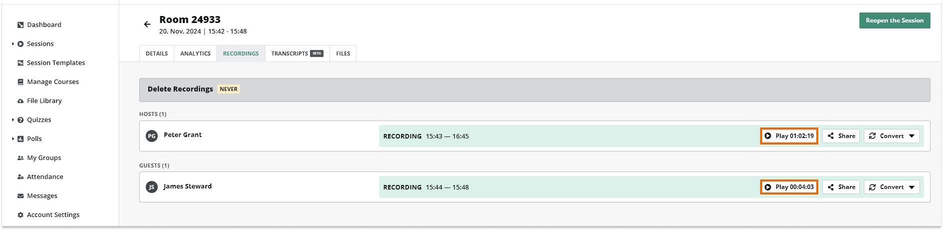 Virtual Classrooms menu: Click on the Recordings tab see the session recordings