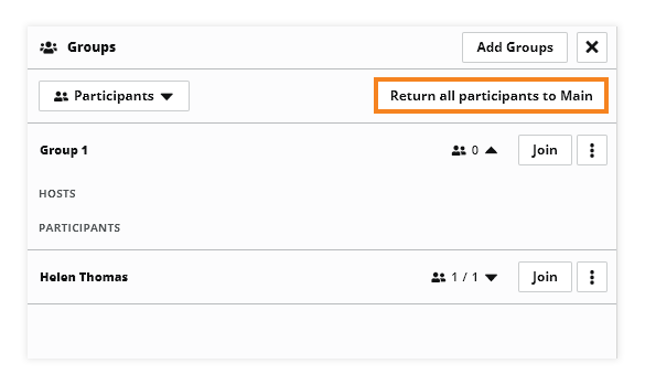 Virtual Classroom Breakout Rooms: In order to return all participants to the Main group the “Move all participants to Main” button has to be pressed
