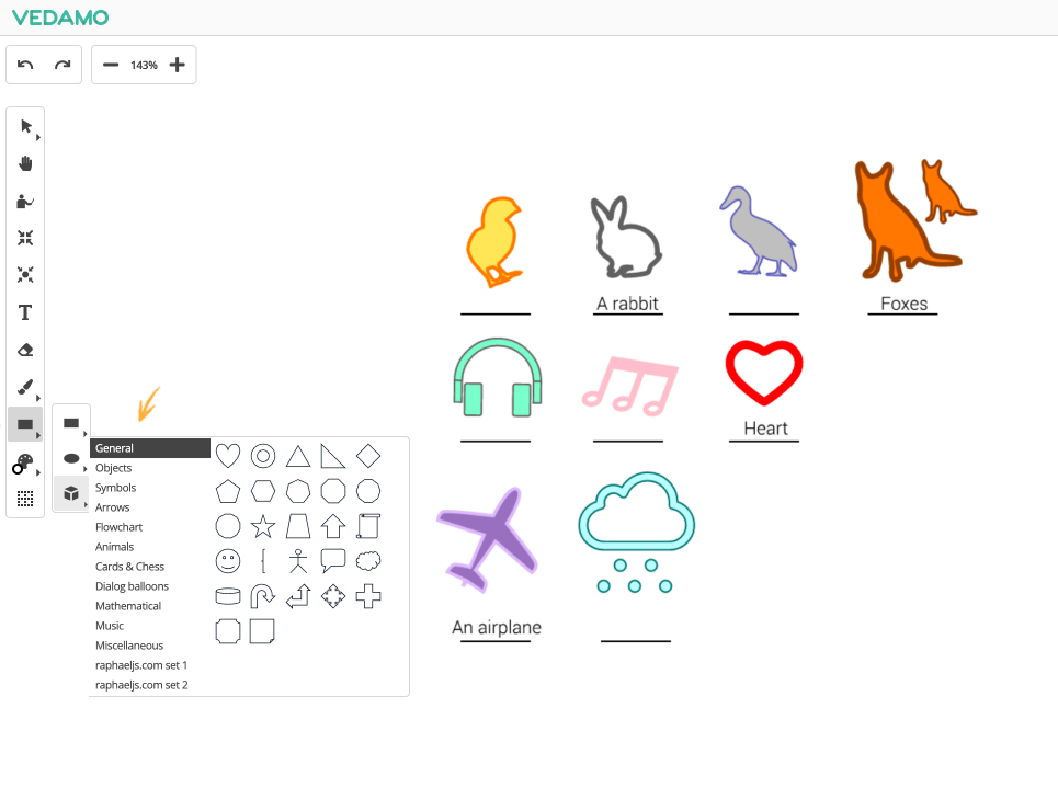 Virtual Classroom Online Whiteboard Tools: The shape library provides a number of pre-defined elements you may use during your lessons