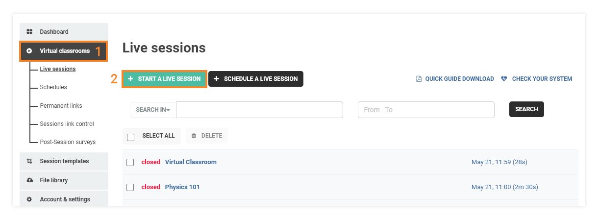 Virtual Classroom Templates: Start a new live session
