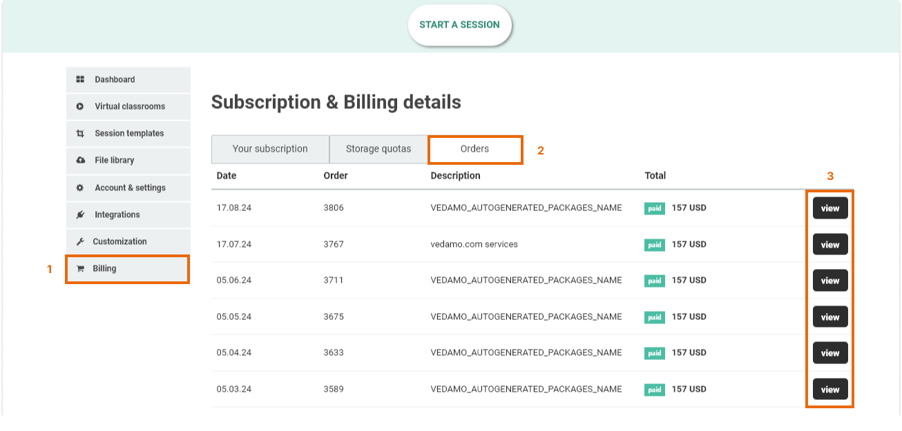 VEDAMO Billing and Payment History: Where to find my invoice: VEDAMO Orders menu