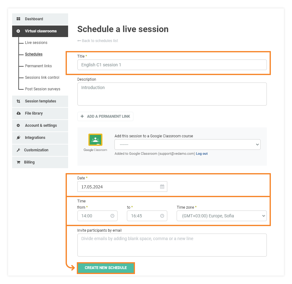 Creating Schedules for Virtual Classrooms: Schedules creation page