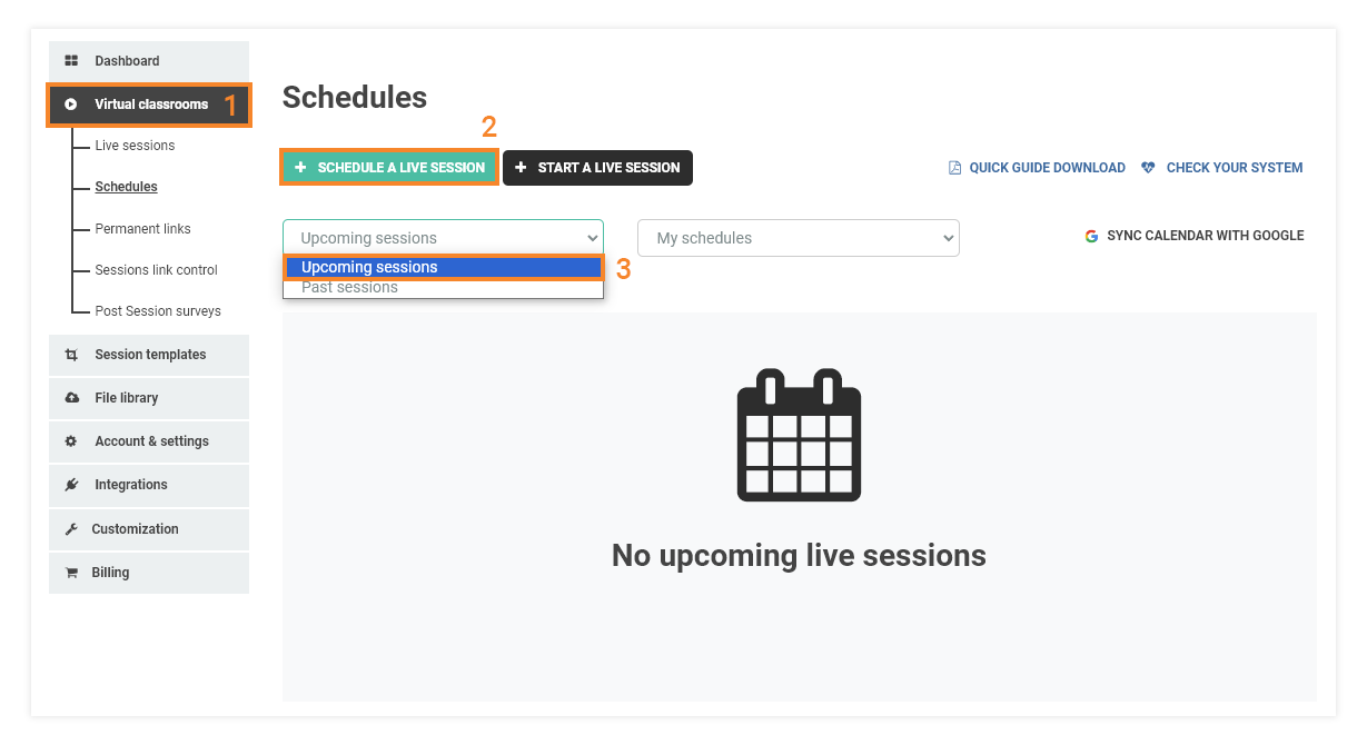 Creating Schedules for Virtual Classrooms: Schedule a new lesson/past and upcoming lessons menu