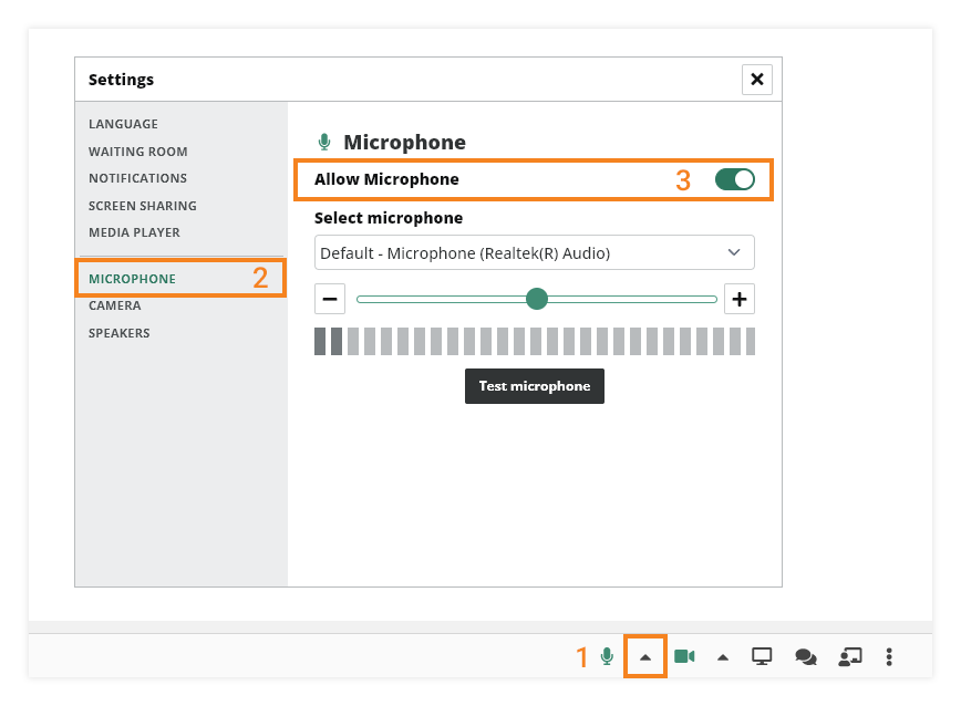 Sound Controls in the virtual classroom: Microphone Settings