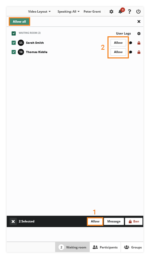 Virtual Classroom Waiting Room: Allow &amp; Allow all options