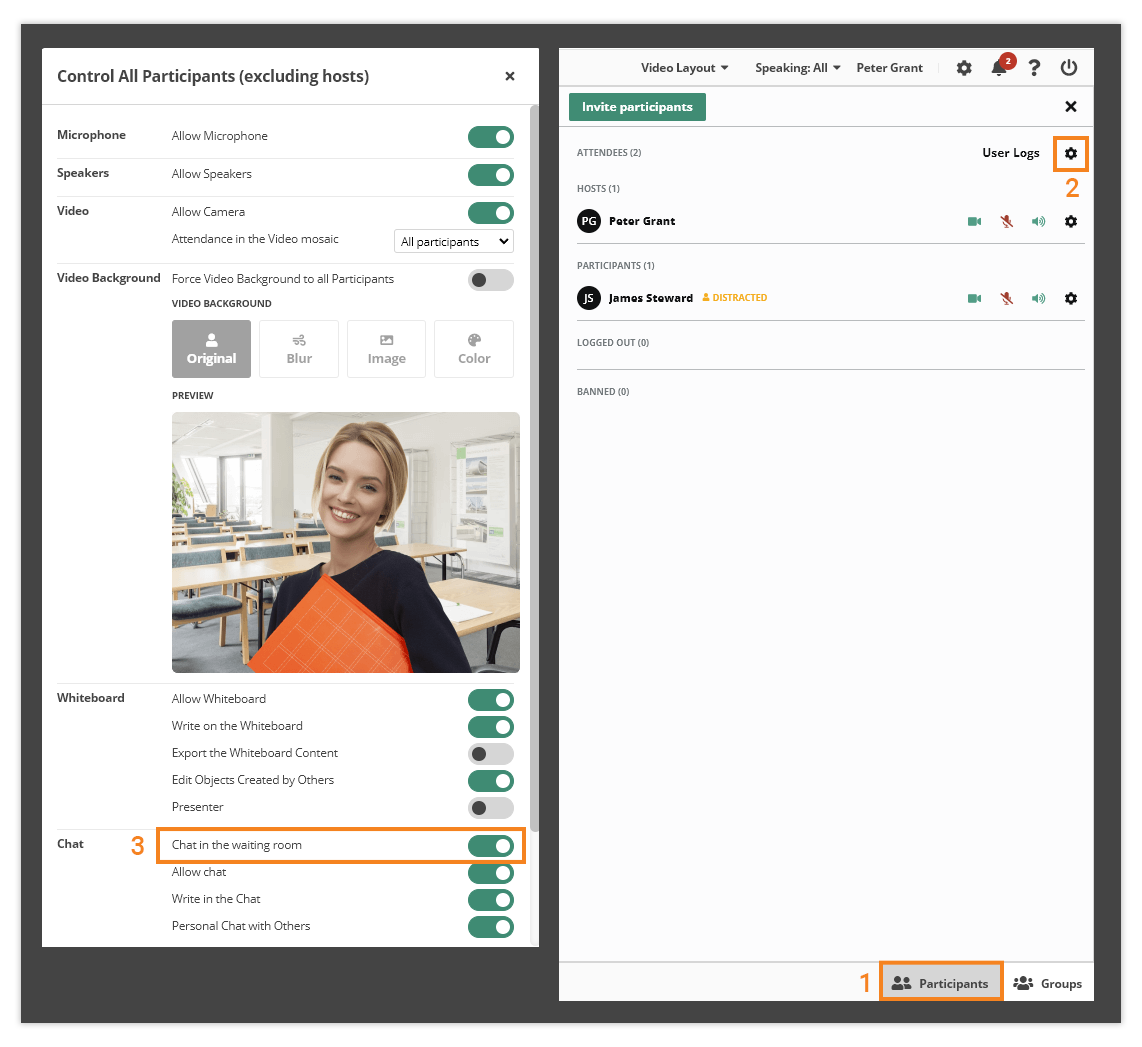 Virtual Classroom Waiting Room: Location of the Waiting room chat settings in the live session (hosts' view)