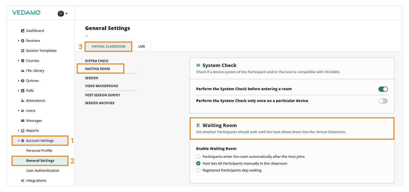 Virtual Classroom Waiting Room: Waiting room settings location