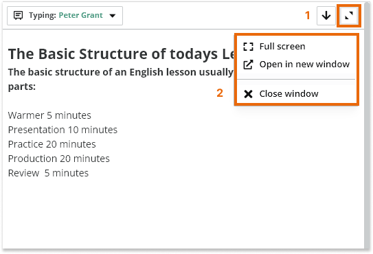 Virtual Classroom Typeboard: Several additional options can be accessed via the button on the right upper corner