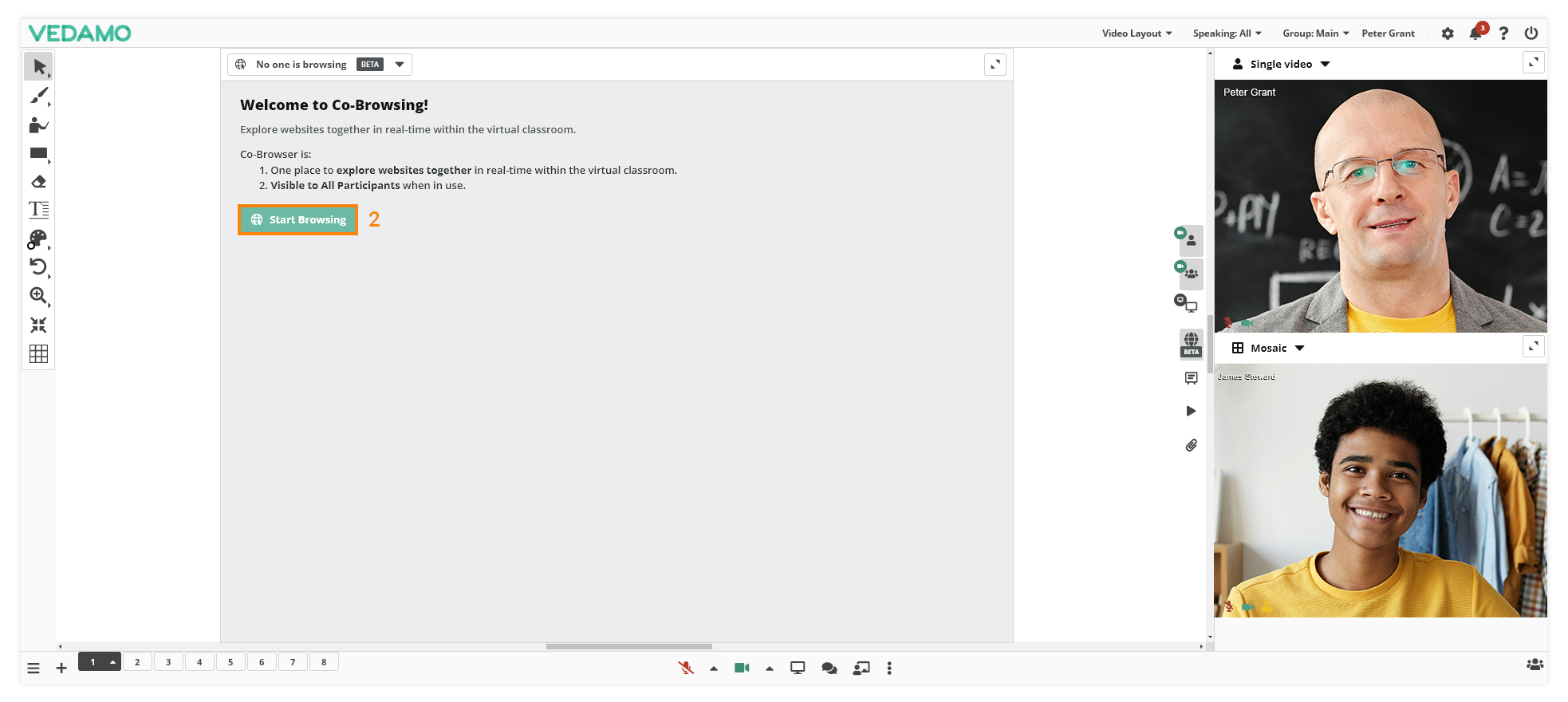 Co-browsing in Vedamo Virtual classroom: Press Start Browsing to launch the Co-browser
